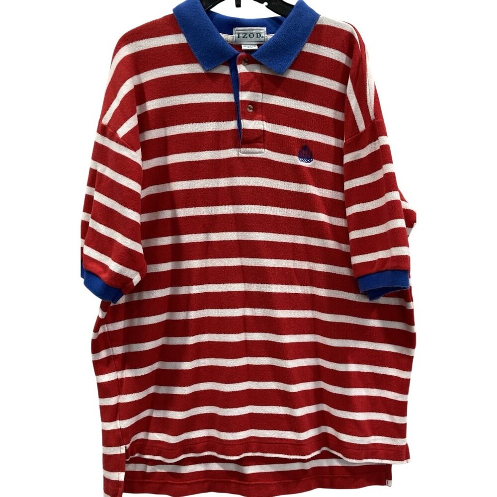 Vintage Izod Polo Shirt Mens L Red White Stripe Baggy Preppy Golf Skater 80s 90s